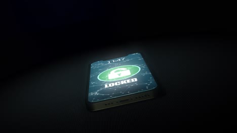 high quality animated 3d cgi render with dollying tilting camera move - close up of mobile phone being unlocked and hacked, with digital and binary code flowing out and a skull and crossbones motif