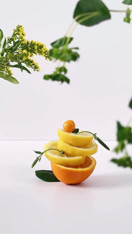 freshly sliced citrus fruits with plants