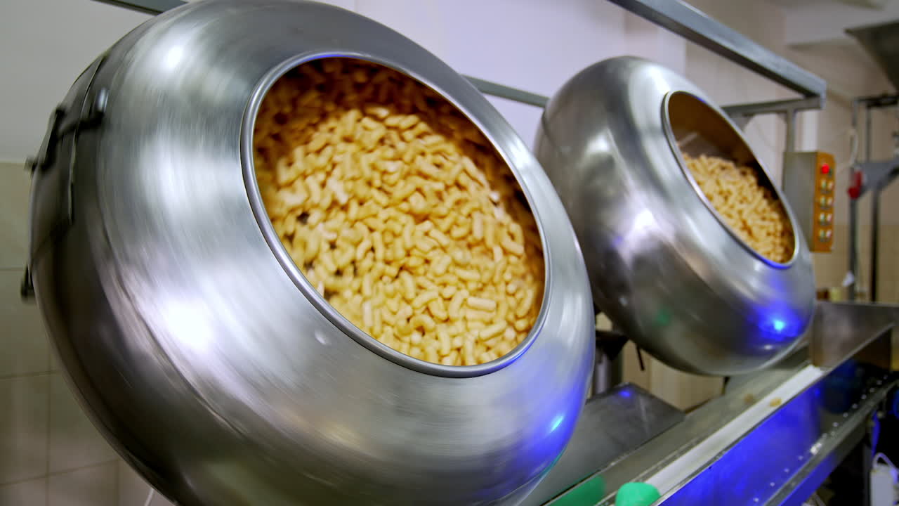 Two metal tanks full of sweet snacks rotating and mixing. Tasty snack product manufacturing at modern plant.