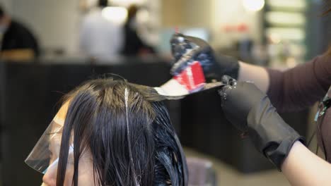 Auftragen-Der-Haarmasken-Behandlungslösung-Auf-Das-Haar-Mit-Pinsel-In-Nahaufnahme-Auf-Händen-Und-Kopf