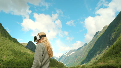 woman experiencing vr in norwegian mountains