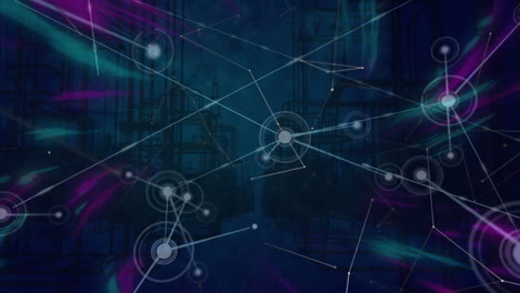animation of network of connections with icons over cityscape