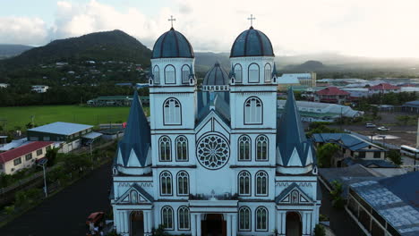 cathedral of the immaculate conception in apia, capital of samoa - aerial pullback