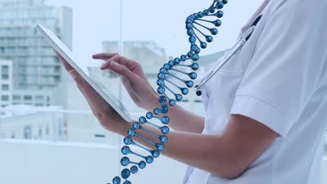 animation of dna strand spinning over female doctor using tablet