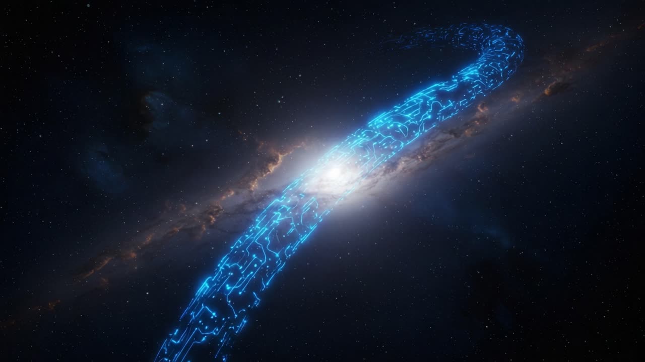 A Stunning Cosmic Spiral: A Futuristic Representation of the Galactic Center Wrapped in a Brilliant Circuitry Glow Across the Cosmos