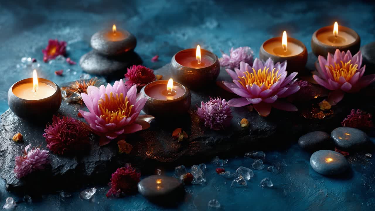 Poklidná vyrovnanost: Harmonické uspořádání lotosových květů, plápolajících svíček a hladkých kamenů na klidné ploše navozuje pocit klidu a meditace.