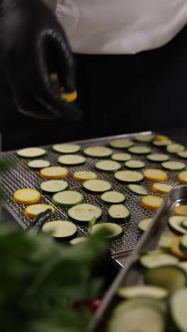 chef dehydrating zucchini and yellow squash slices