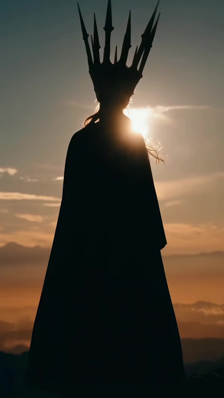 Silueta de una reina de pie en la cima de una montaña al atardecer