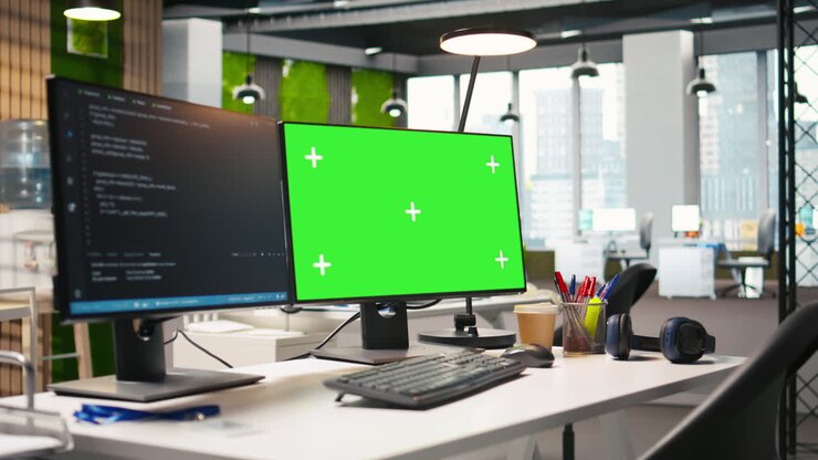 Empty Startup Office With Green Screen Pc And Artificial Intelligence Program