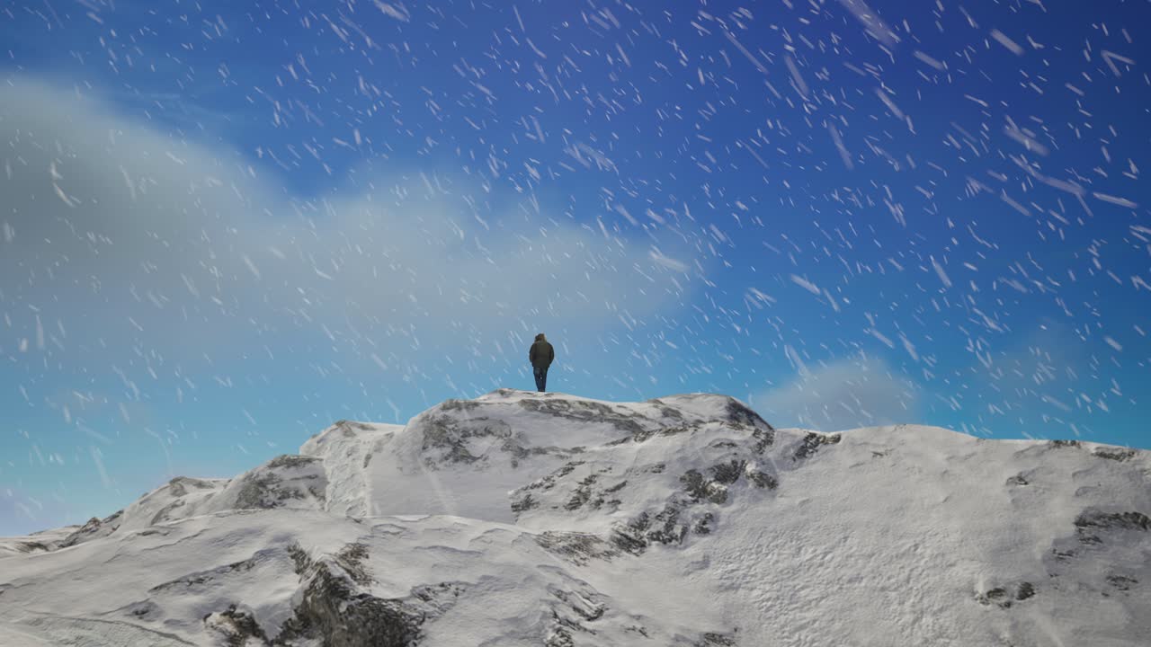 눈 인 산 꼭대기에 서 있는 사람. 추운 눈이 쌓인 풍경, 공중 풍경, 비현실적인 4k 스크린