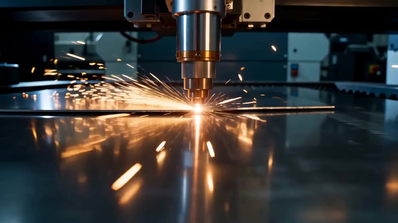 Vista ravvicinata dal basso di un ugello di taglio CNC cilindrico allineato su una sottile lamiera d'acciaio su un piano di lavorazione lucido, che emette plasma bianco-arancio brillante nel punto di contatto con scintille volanti e taglienti.