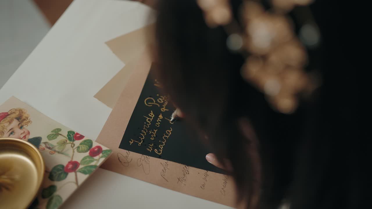 Close up of a hand writing a holiday card with a feather quill in gold ink on black paper, with vintage details around