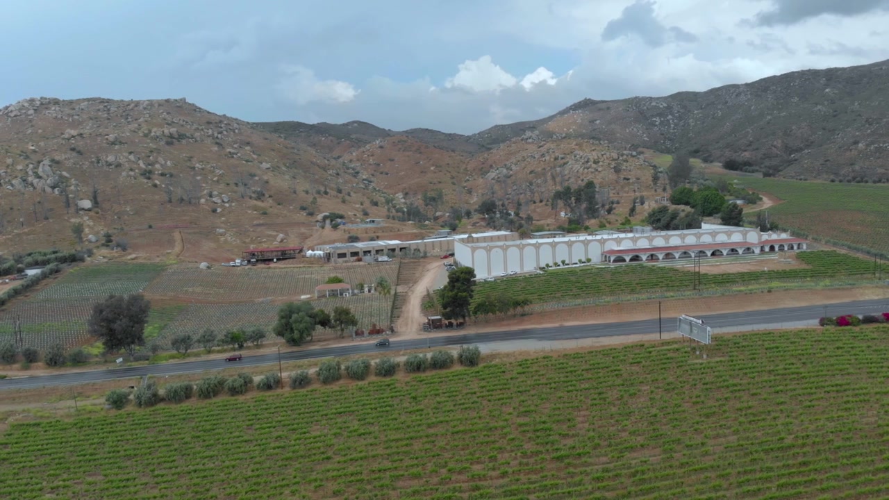 Vista aerea con drone di campi di vigneti, tenuta rurale e strada di campagna circondati da montagne aride sotto un cielo nuvoloso durante il giorno