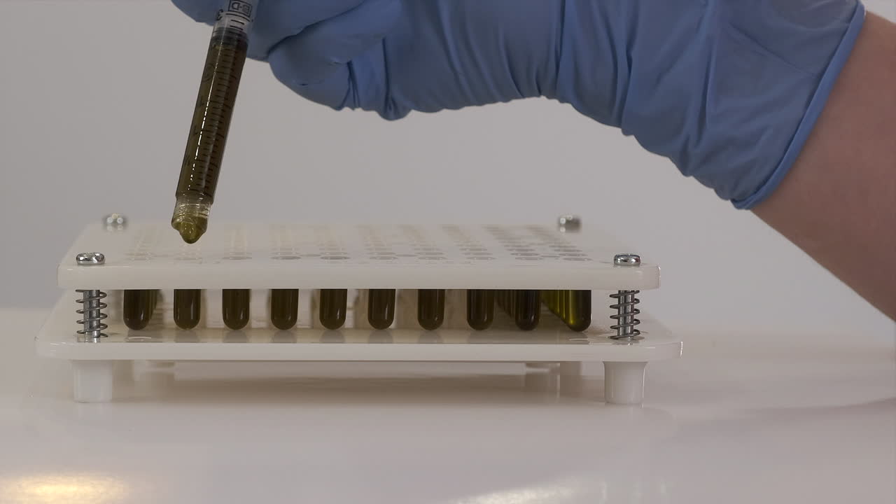 jeringa de primer plano en mano enguantada llena cápsulas con aceite de cannabis dorado