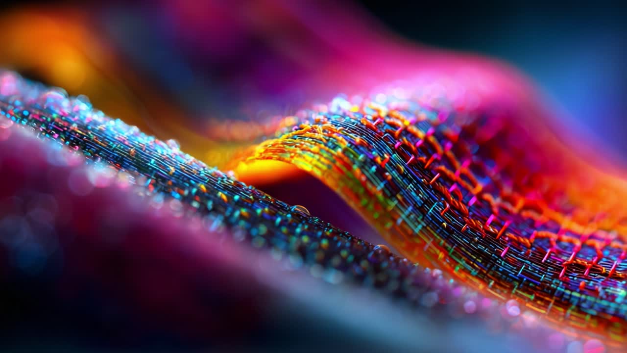 A Vibrant Close-Up of Textured Fabric with Colorful Threads and Water Drops, Highlighting the Unique Patterns and Shimmering Effects Created by Light Reflection and Refraction in Textile Design