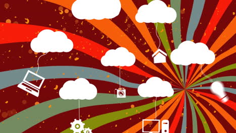 animation of multiple digital icons tied to cloud icons against colorful radial background