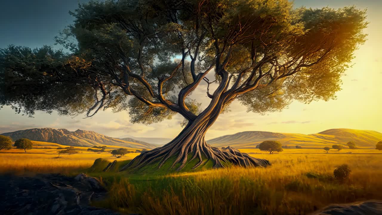 одинокое дерево посреди травянистого поля