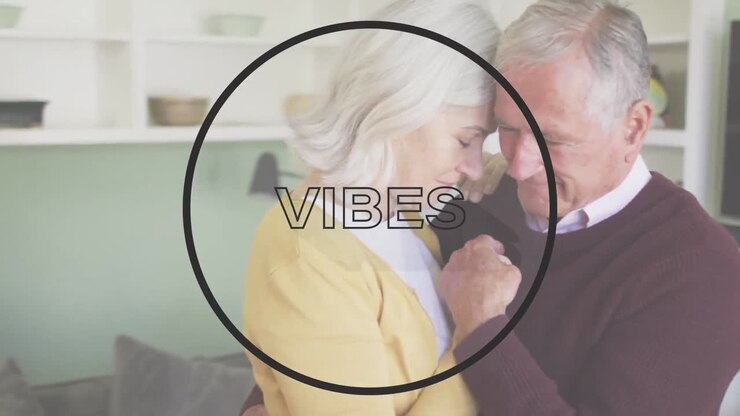 Animation of vibes text over senior couple