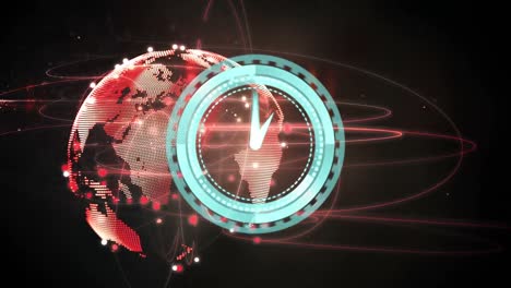 animación de la red de conexiones, reloj en movimiento y globo sobre fondo negro