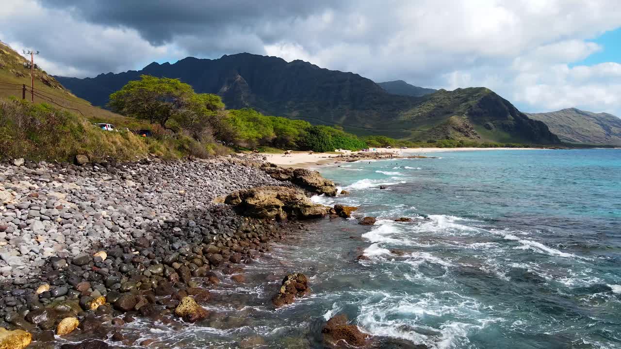 The beautiful coastline of the Kailua Beach Park with clear waters in Oahu Hawaii USA