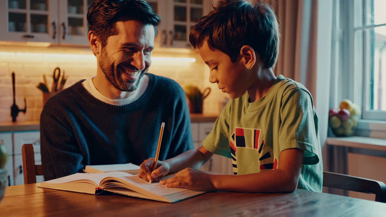 padre e hijo haciendo la tarea juntos en la cocina