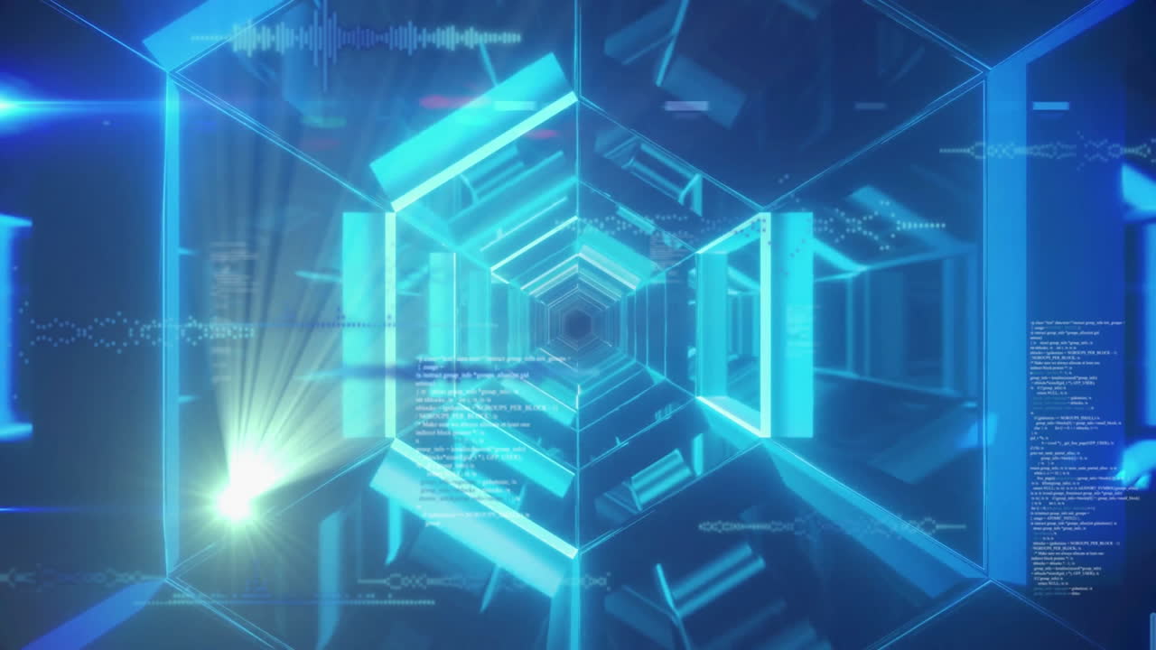 디지털 터널을 통한 데이터 처리의 애니메이션