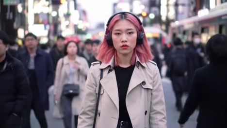 una mujer joven caminando por una ciudad.