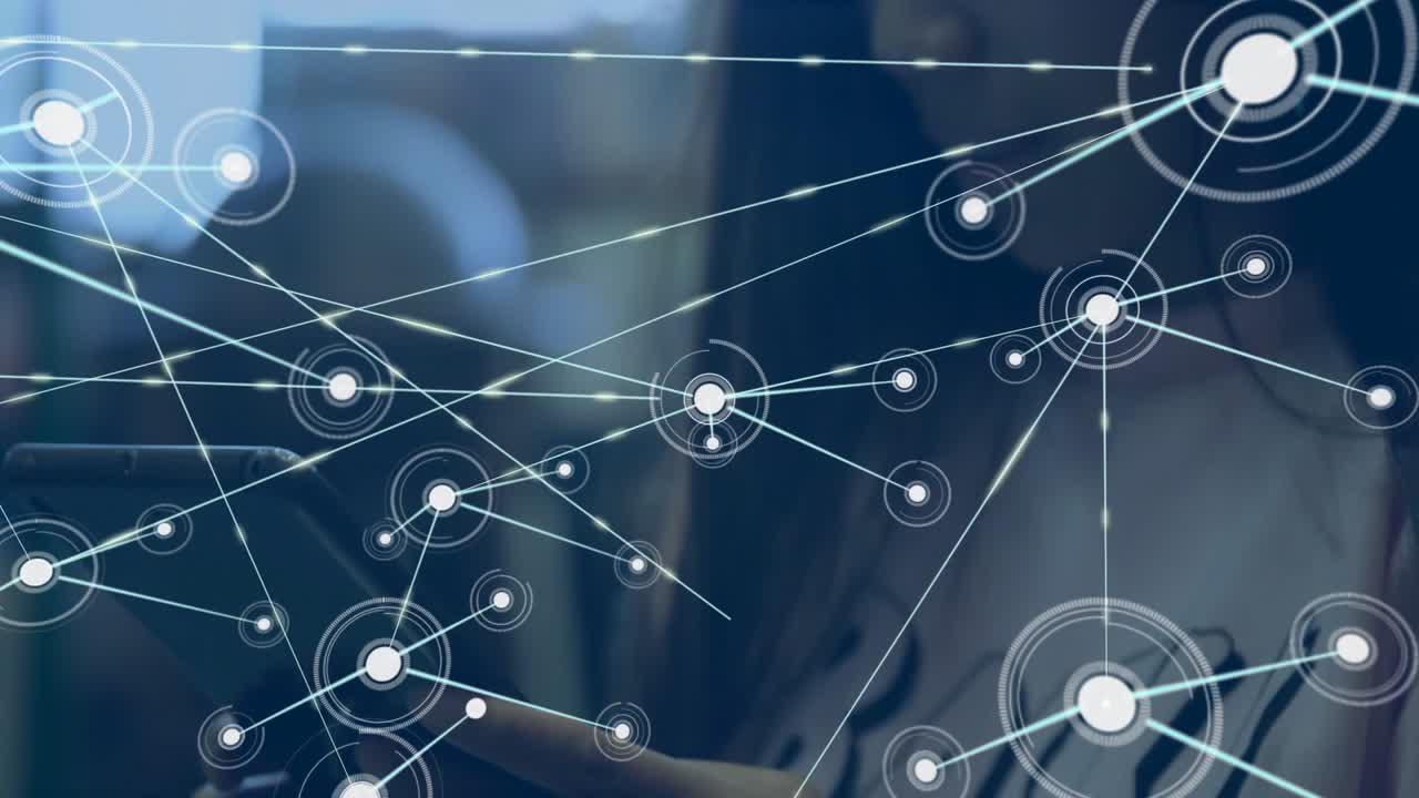Office professional holding smartphone activating glowing nodes forming technology network overlay