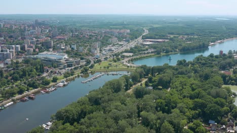 aerial view of danube river and serbian capital city of belgrade