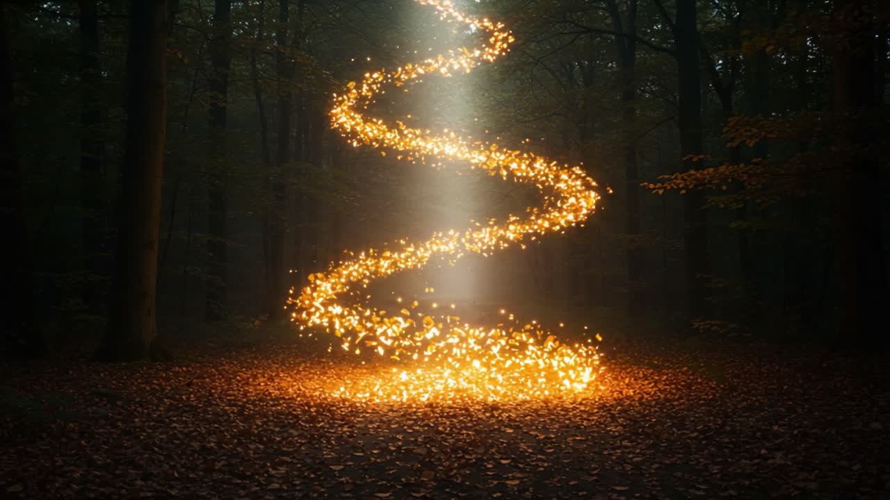 A Glowing Spiral of Light Whirls Through an Enchanted Forest, Casting Sparkling Illumination on the Autumn-Hued Leaves Below in a Magical Display