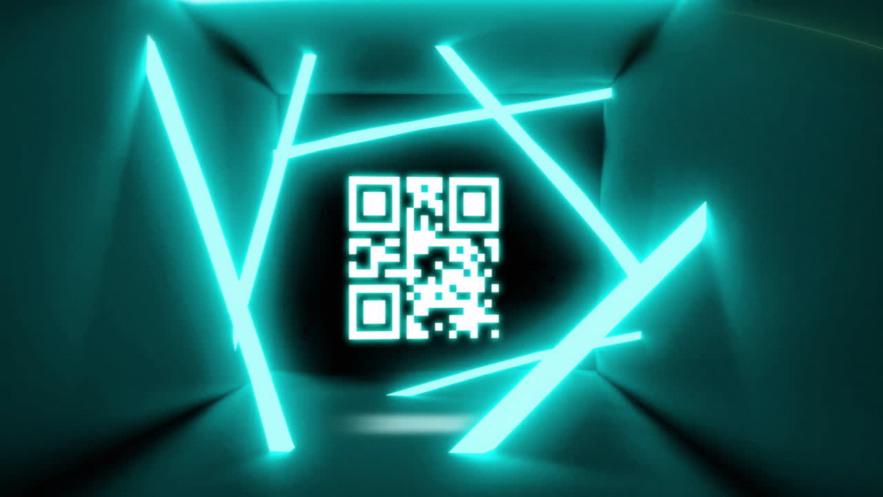In futuristic tunnel, glowing QR code surrounded by neon blue light beams