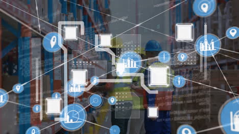 animation of network of connections over men working in warehouse