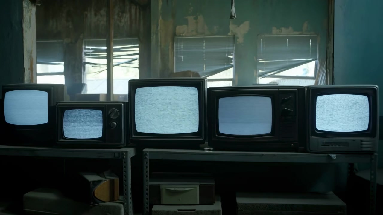 Flera vintage CRT-tv-apparater står på metallhyllor i ett dunkelt, nedgånget rum, skärmarna flimrar med statiskt brus och ett blekt blått sken, medan damm, flagande färg, smuts och skuggor skapar en kuslig retromiljö.