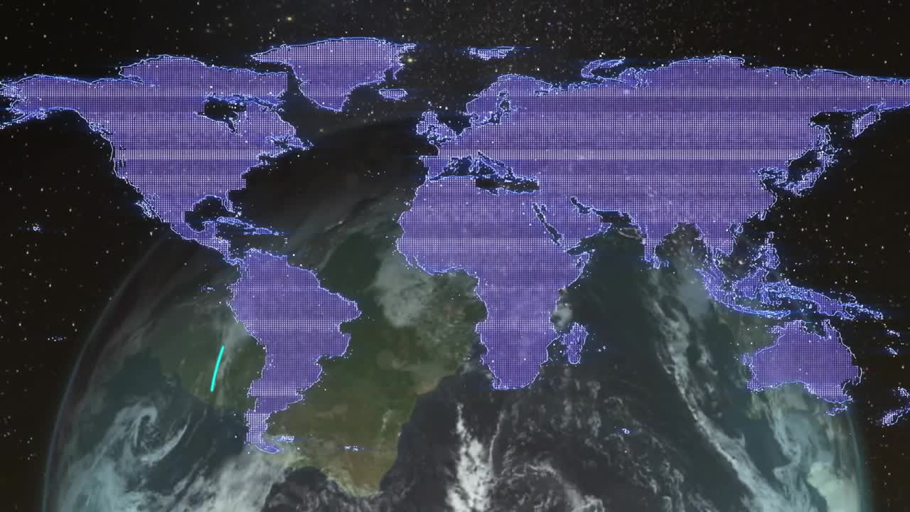 Spin starting Earth rotating purple overlay switching cyan traces drawing and fading to show routes