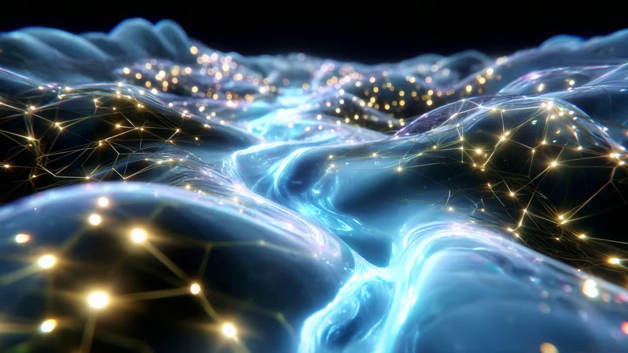 A Stunning Visualization of a Neural Network Landscape, Portraying Connected Nodes and Flowing Pathways Illuminated by Dazzling Light, Capturing the Essence of Digital Communication and Information Transfer