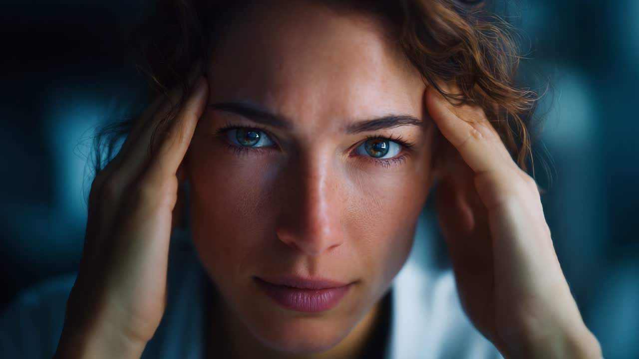 Una donna vive un momento di sconvolgimento emotivo, mostrando intensa concentrazione e vulnerabilità, enfatizzando la profondità dell'espressione umana e la complessità delle lotte interiori