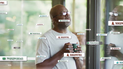 holding cup, man surrounded by floating numbers and icons in animation