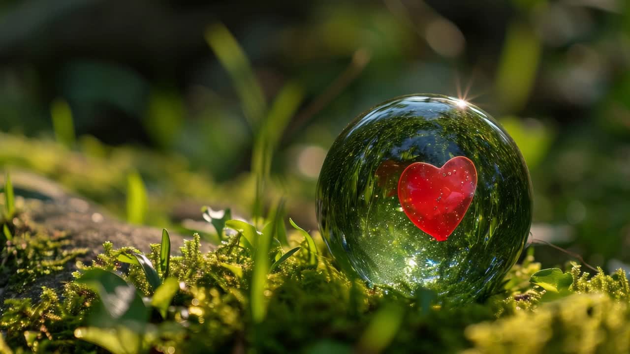 Red Heart in a Crystal Ball on Moss