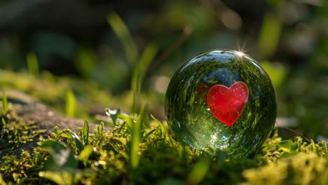 red heart in a crystal ball on moss