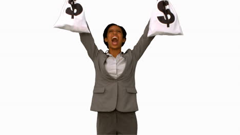 Businesswoman-holding-money-bags-on-white-screen