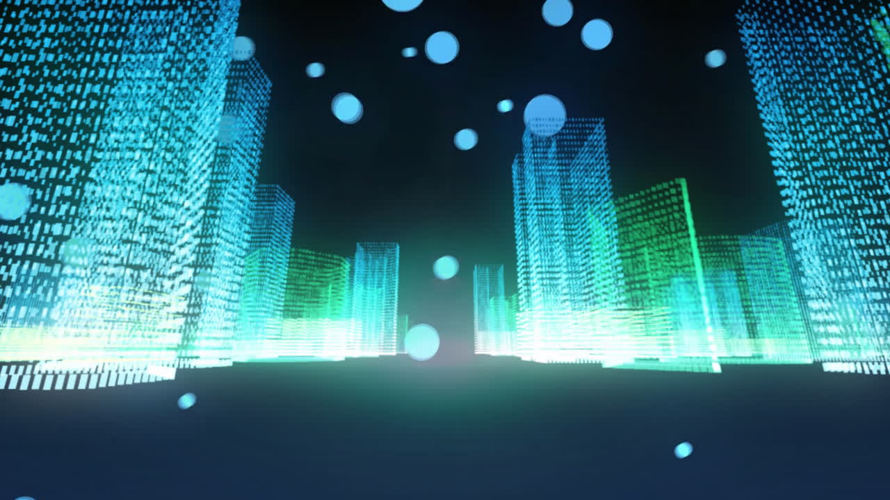 Digital cityscape with glowing buildings and floating circles animating in night sky