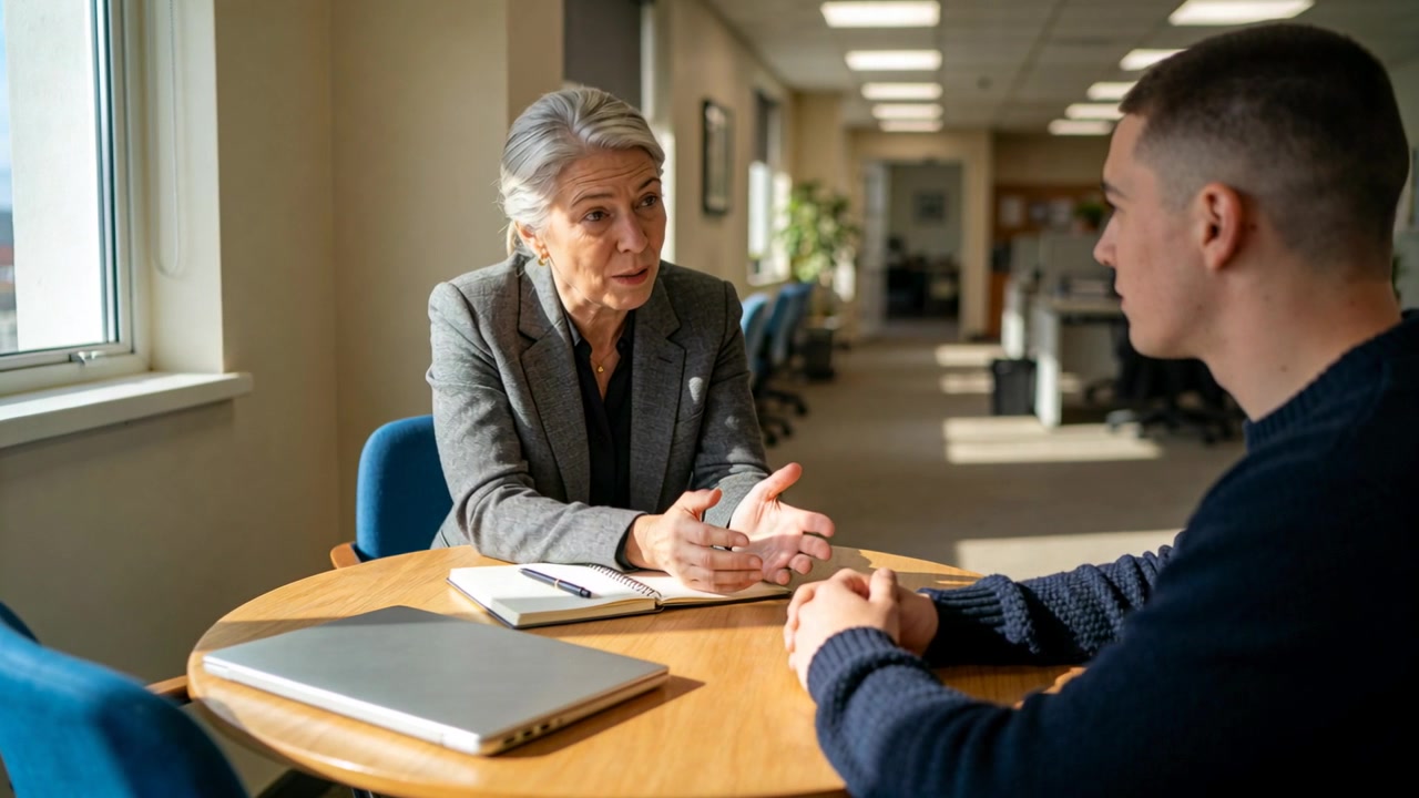 Femme en blazer s'exprimant, se penchant et gesticulant, conseillant sa mentorée suite à une question, à une table de bureau avec un ordinateur portable.