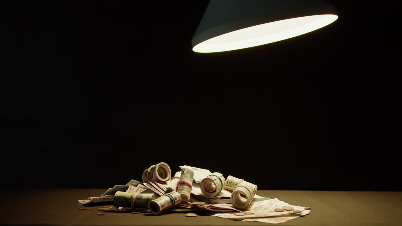 Rolled Banknotes and Coins Under a Dramatic Spotlight