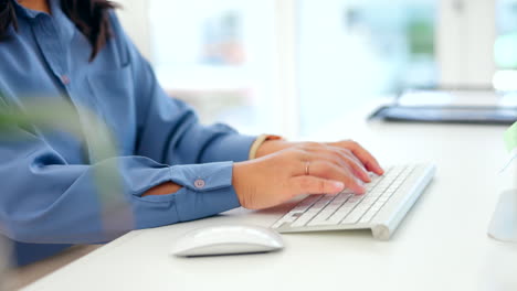 business woman, hands and computer typing