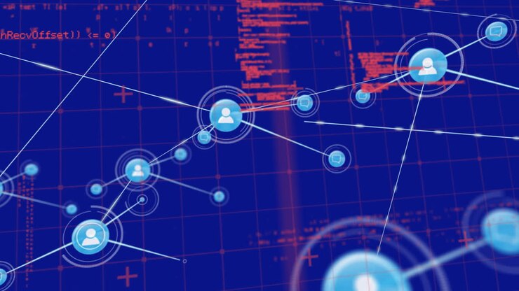Animation of connected icons and computer language over blue background