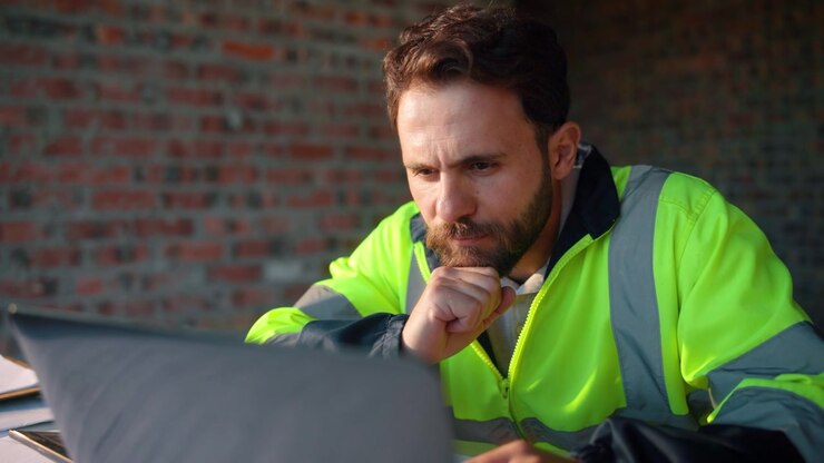 Construction Engineer Working on Laptop at Building Site