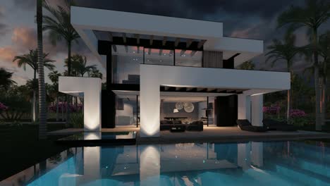 4k video of modern house in luxurious style by the sea or ocean on sunset