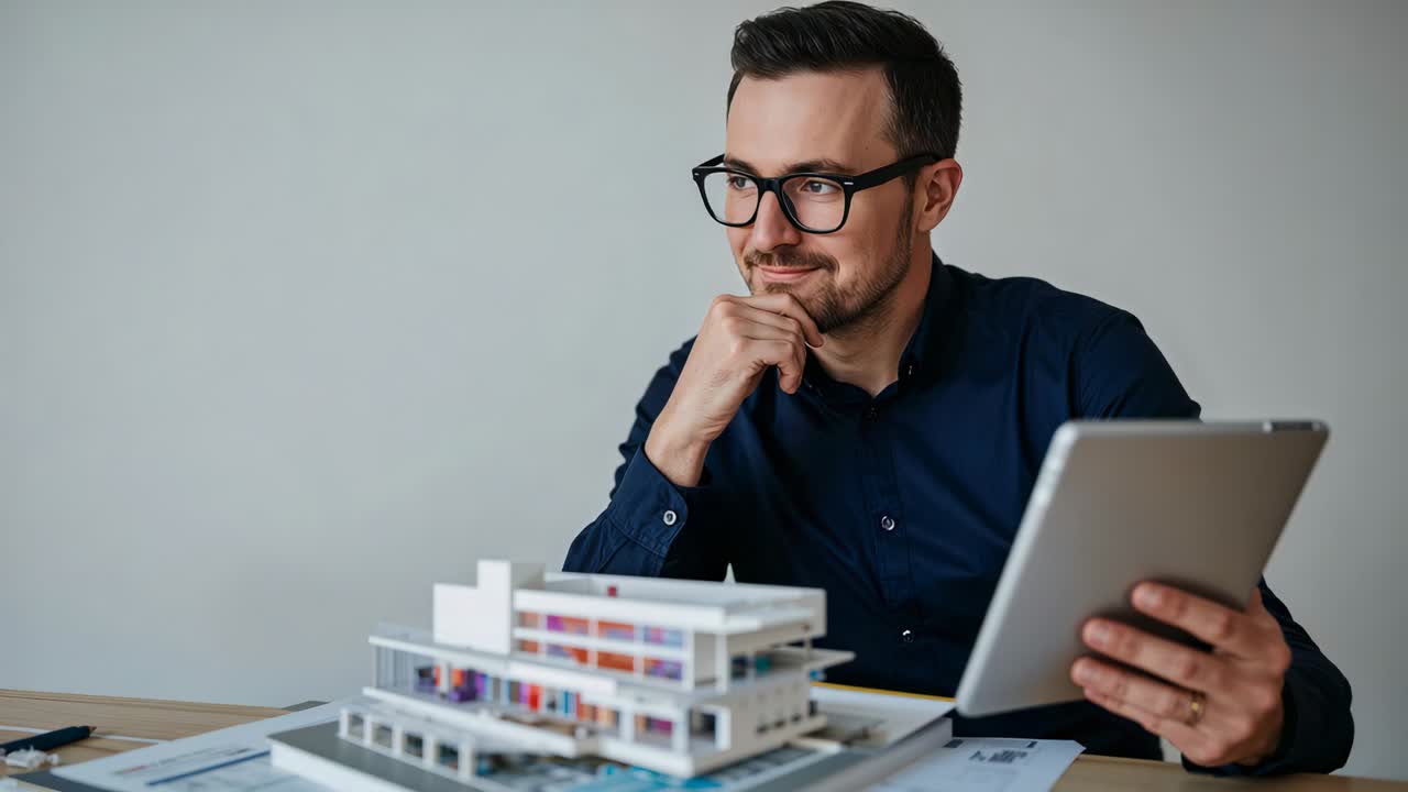 Comparing tablet screen to model and plans, designer holding tablet at desk wearing navy shirt