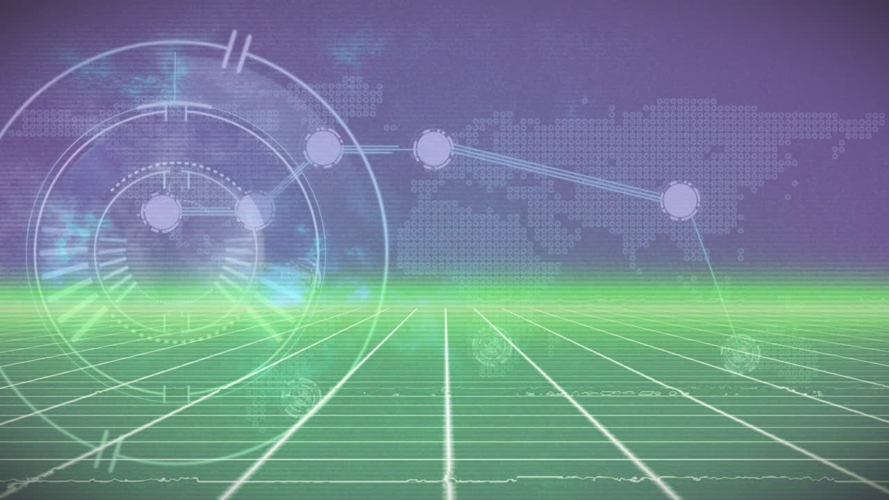 보라색과 초록색 디지털 공간을 가로지르는 라다와 연결의 애니메이션