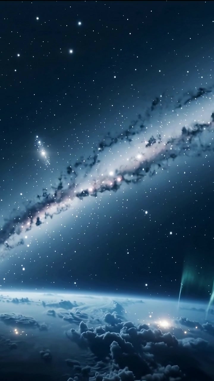 Video vertikal: Kamera menggeser di atas cakrawala planet untuk menampakkan aurora, pita galaksi, dan cahaya awan.